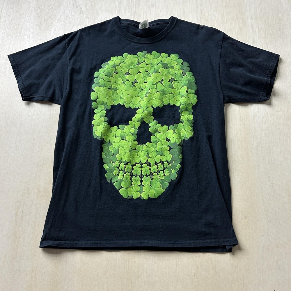 Lucky Shirt Mens Large Black Shamrock Skull St Patricks Day Graphic Tee T-Shirt